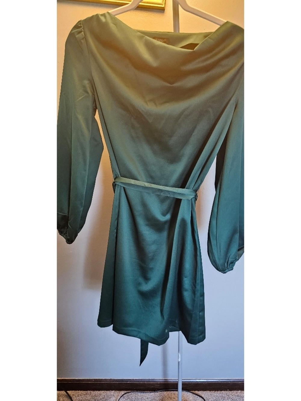 Ann Taylor Emerald Green Long-Sleeve Satin Dress with Self-Tie Belt